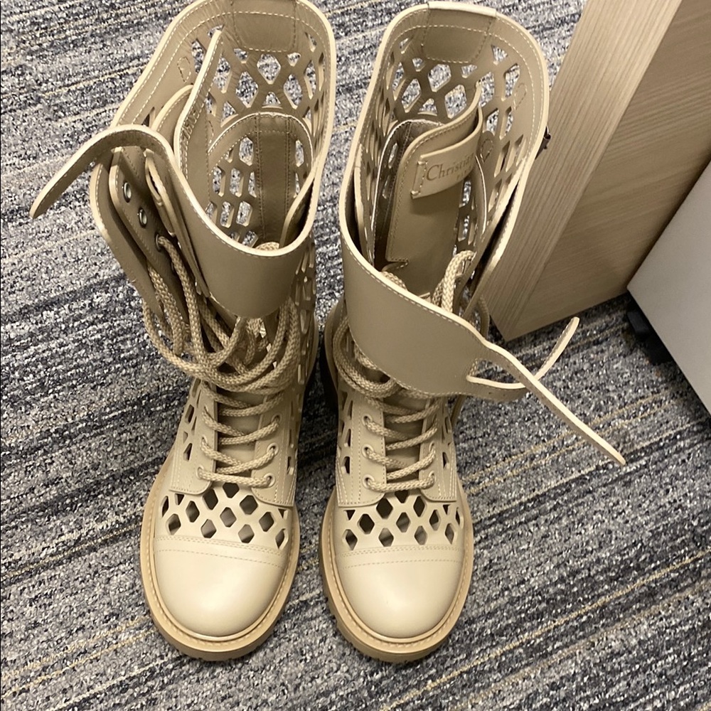 Dior Cream Lace Up Boots with Perforated Design